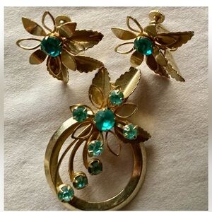 Gold Floral Brooch & Clip-On Earrings with Teal Stones